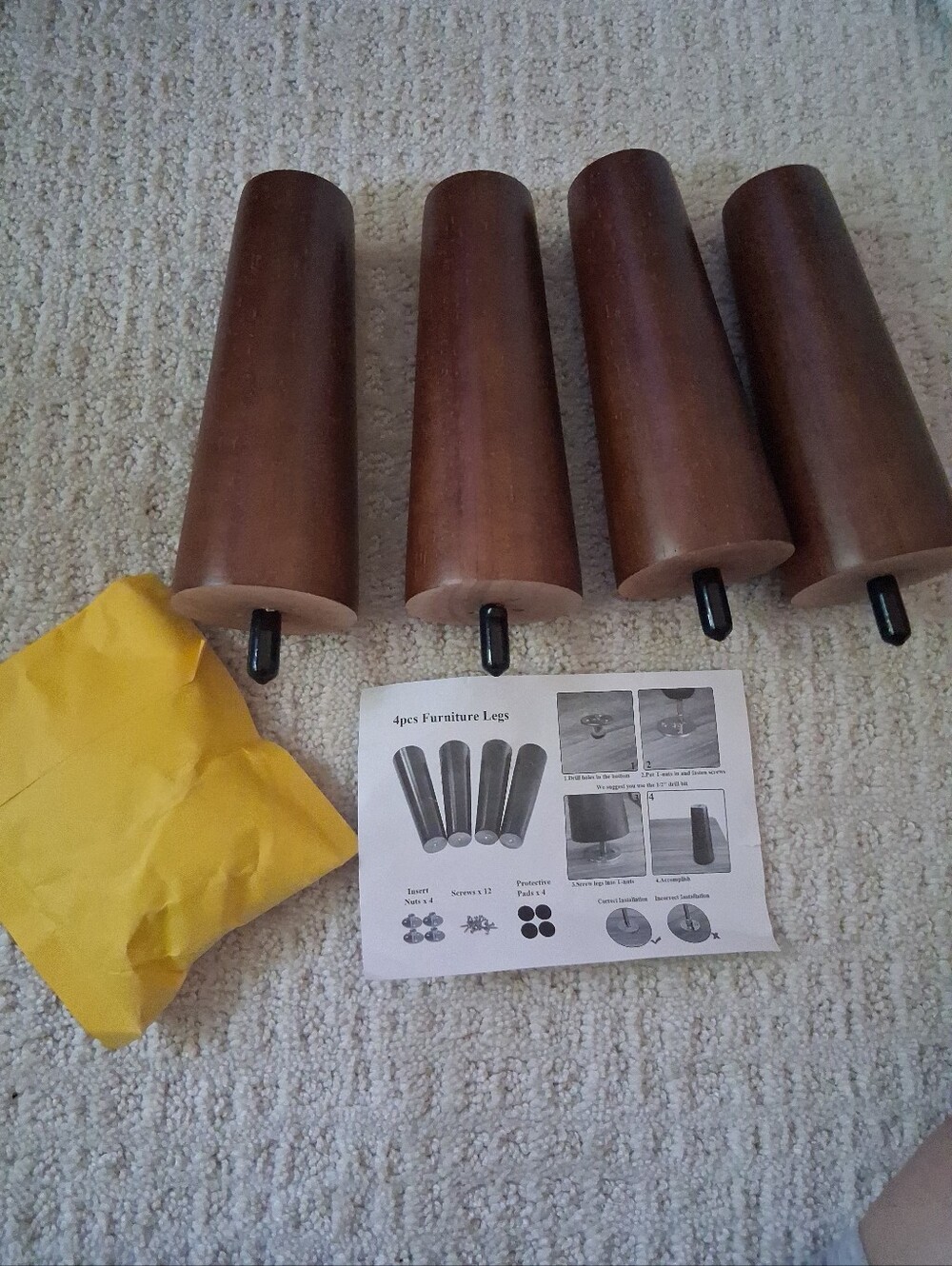 6" Set of 4 Wooden Tapered Sofa Legs in Dark Brown